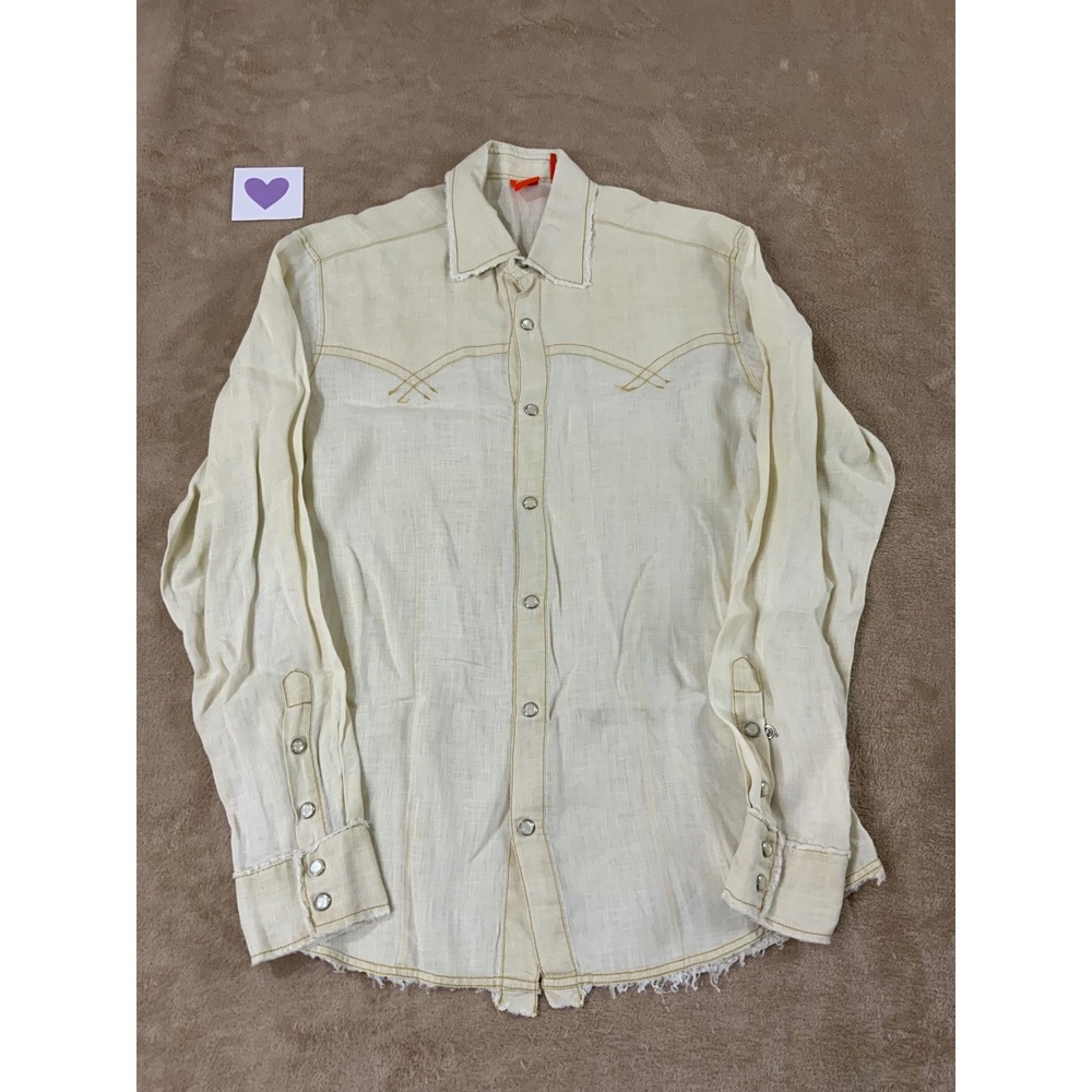 Hugo Boss Linen Shirt‎ Long Sleeve Button Up Mens Medium Light Yellow frayed EUC